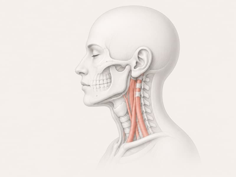 Medical illustration of the head and neck in side view showing the skull and neck muscles